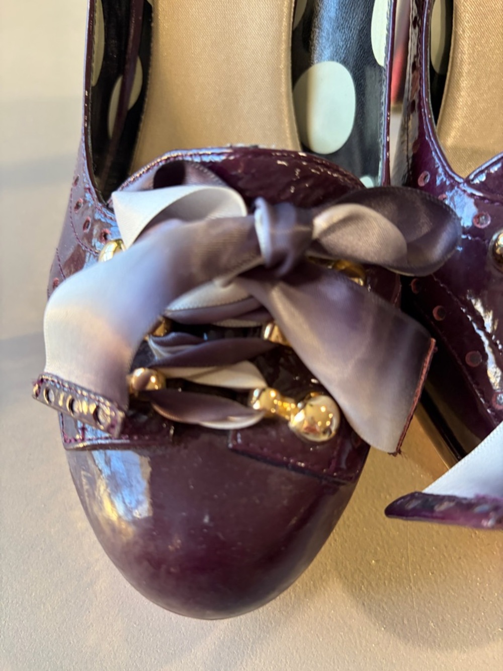 Betsey Johnson Plum Patent Bow Pumps with Gold Bead Detail - Picture 2 of 8